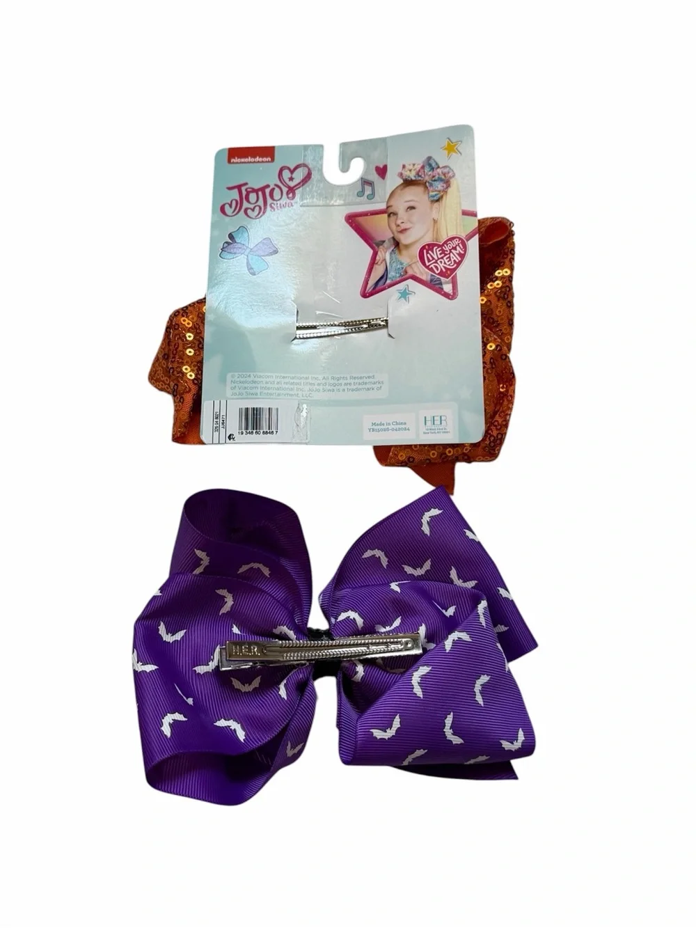 JoJo Siwa spooky Halloween style orange sequin & Purple Bat Hair Bows